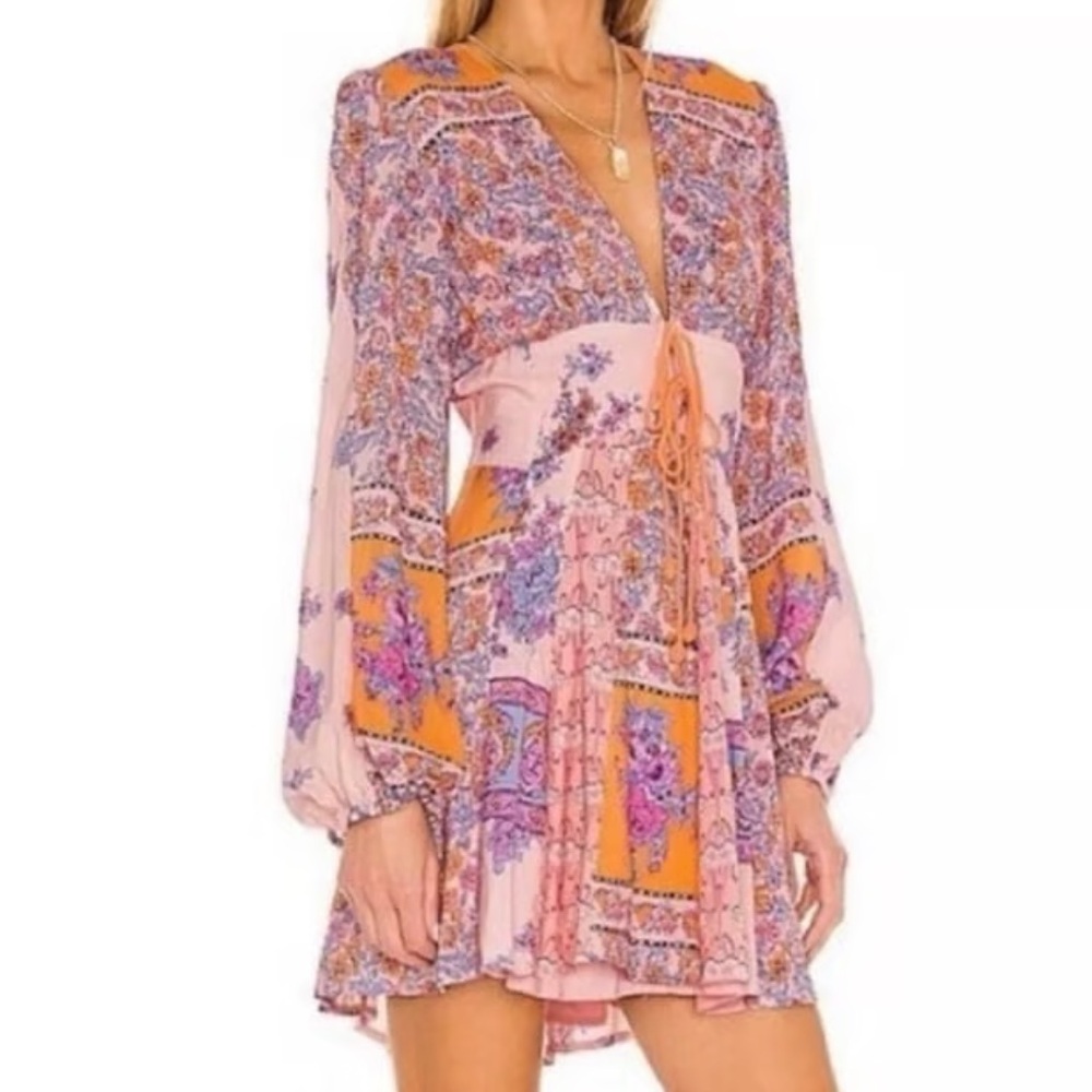 Free People Mixin It Up Long Sleeve Mini Dress Bright Paisley Print - Picture 14 of 14